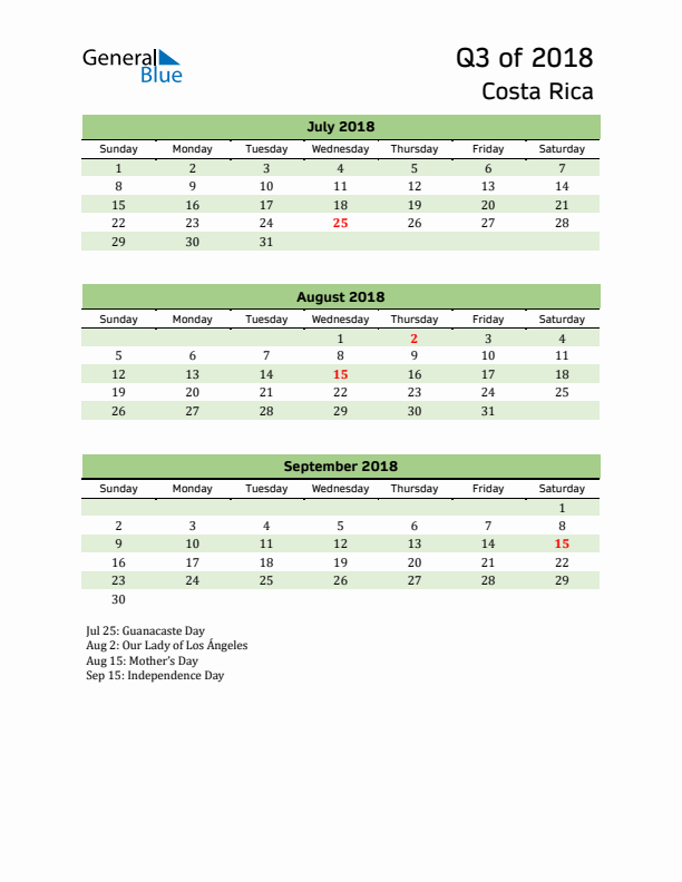 Quarterly Calendar 2018 with Costa Rica Holidays