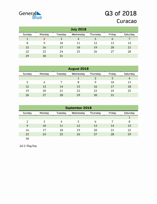 Quarterly Calendar 2018 with Curacao Holidays