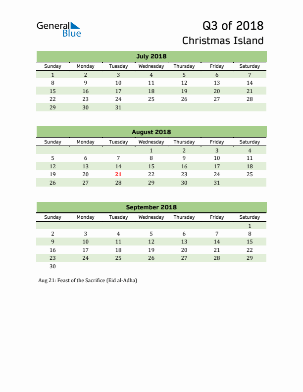 Quarterly Calendar 2018 with Christmas Island Holidays