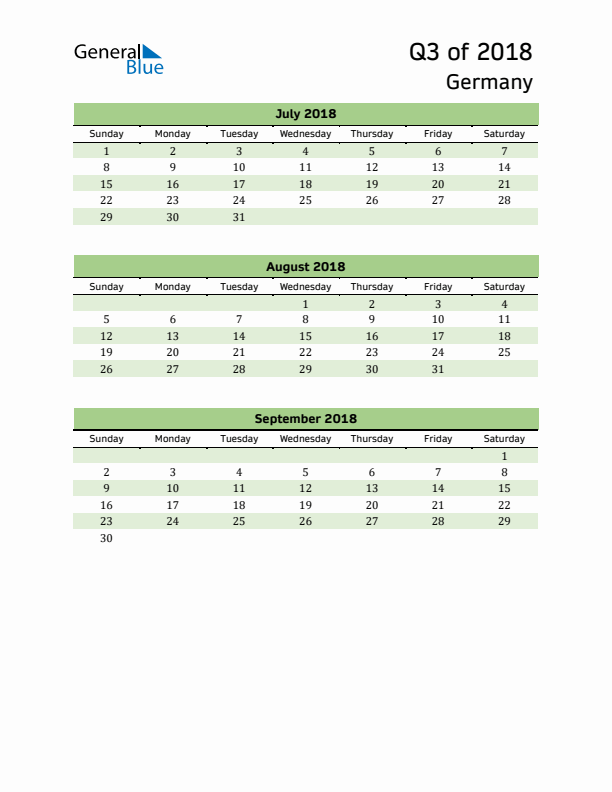 Quarterly Calendar 2018 with Germany Holidays