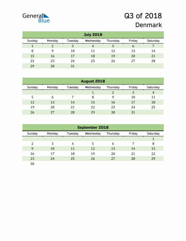 Quarterly Calendar 2018 with Denmark Holidays