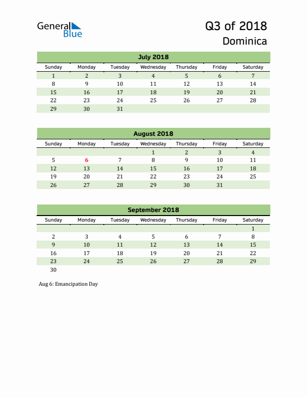 Quarterly Calendar 2018 with Dominica Holidays