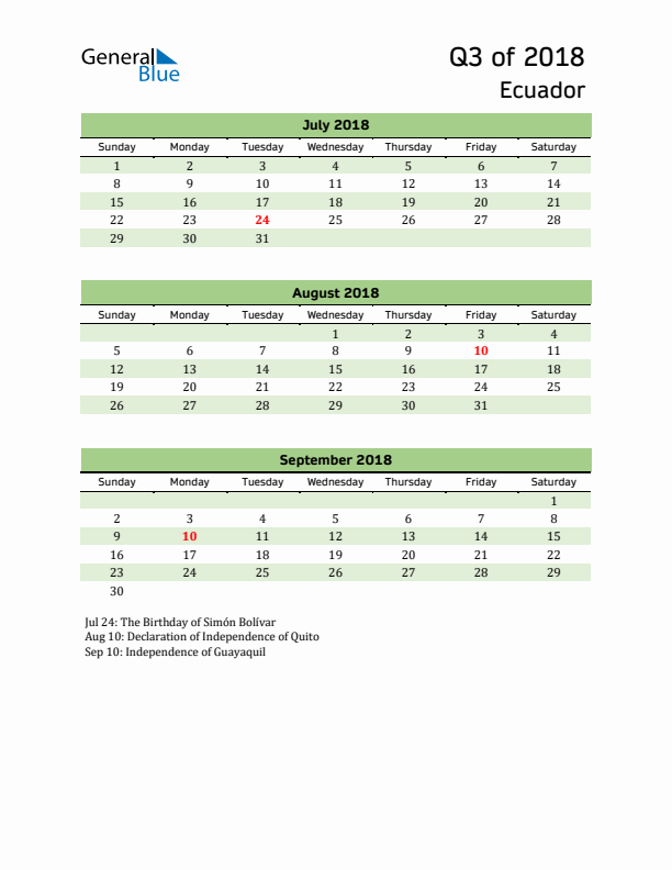 Quarterly Calendar 2018 with Ecuador Holidays