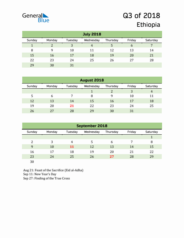 Quarterly Calendar 2018 with Ethiopia Holidays