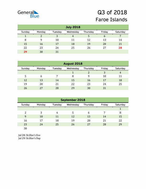 Quarterly Calendar 2018 with Faroe Islands Holidays