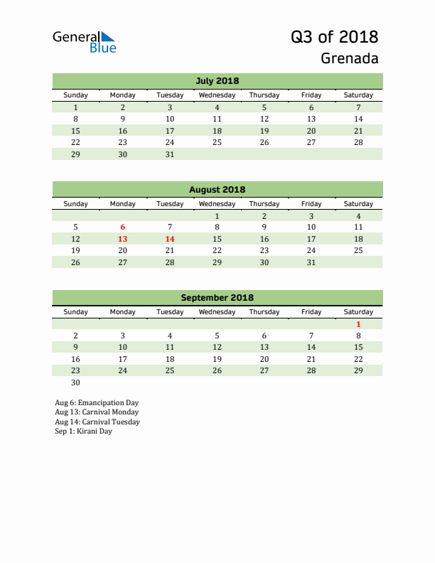 Quarterly Calendar 2018 with Grenada Holidays