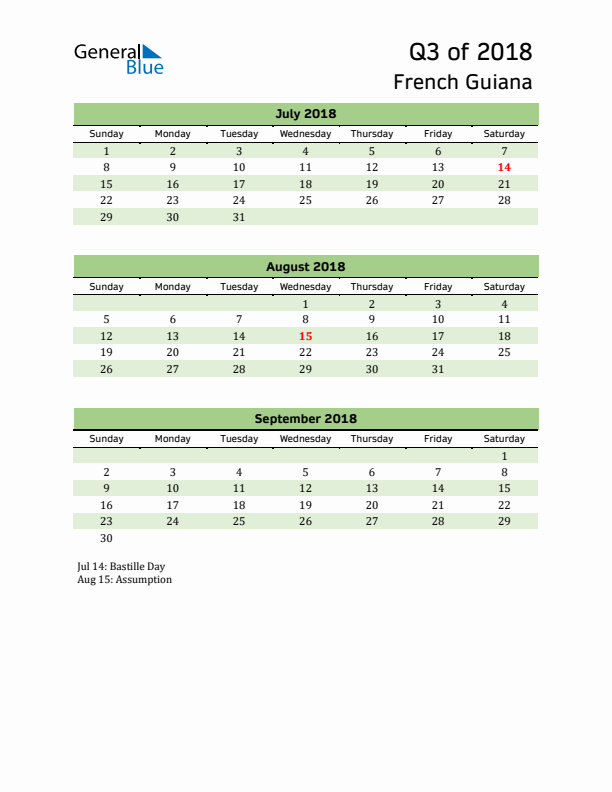 Quarterly Calendar 2018 with French Guiana Holidays