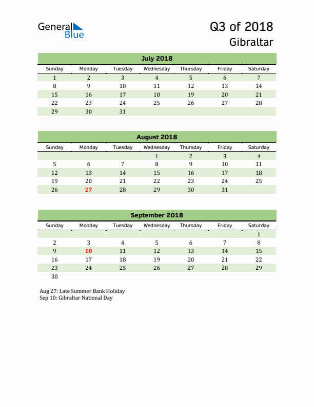 Quarterly Calendar 2018 with Gibraltar Holidays