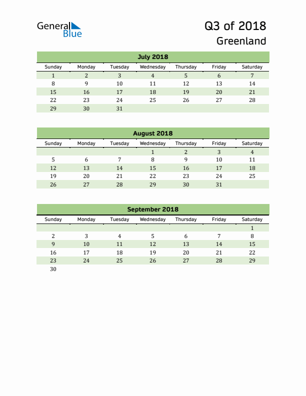 Quarterly Calendar 2018 with Greenland Holidays