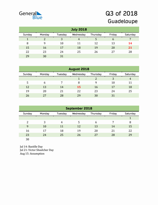 Quarterly Calendar 2018 with Guadeloupe Holidays