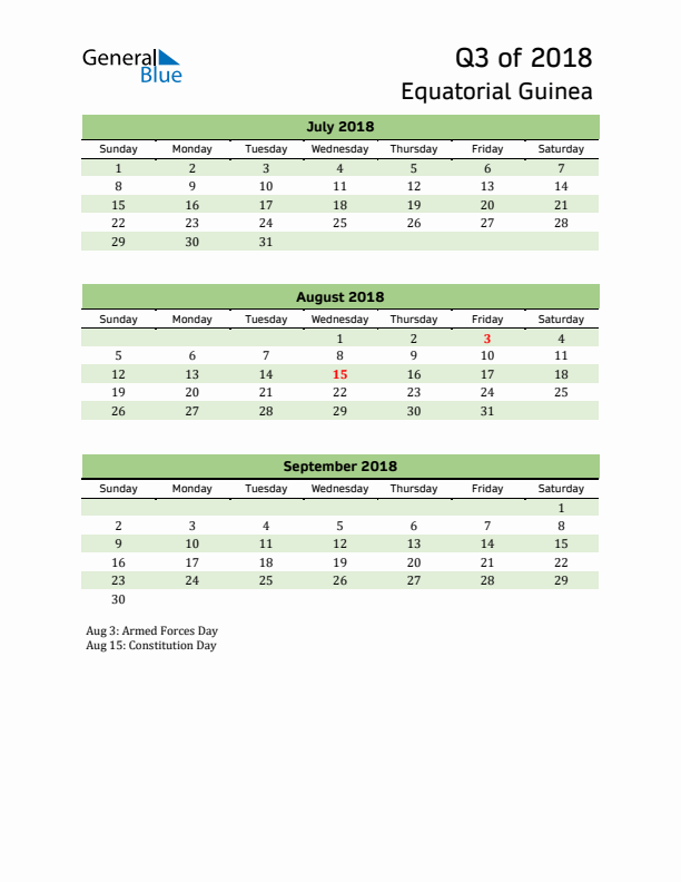 Quarterly Calendar 2018 with Equatorial Guinea Holidays