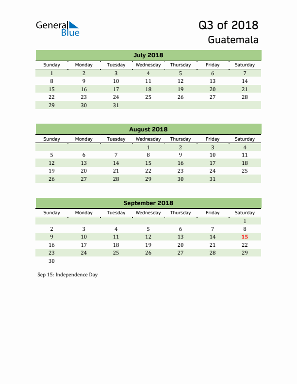 Quarterly Calendar 2018 with Guatemala Holidays