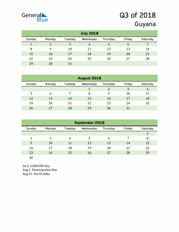 Quarterly Calendar 2018 with Guyana Holidays