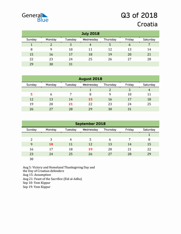 Quarterly Calendar 2018 with Croatia Holidays