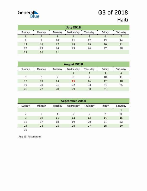 Quarterly Calendar 2018 with Haiti Holidays