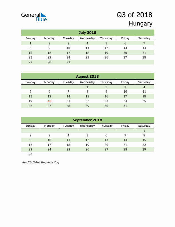 Quarterly Calendar 2018 with Hungary Holidays