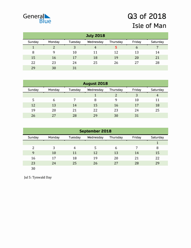 Quarterly Calendar 2018 with Isle of Man Holidays