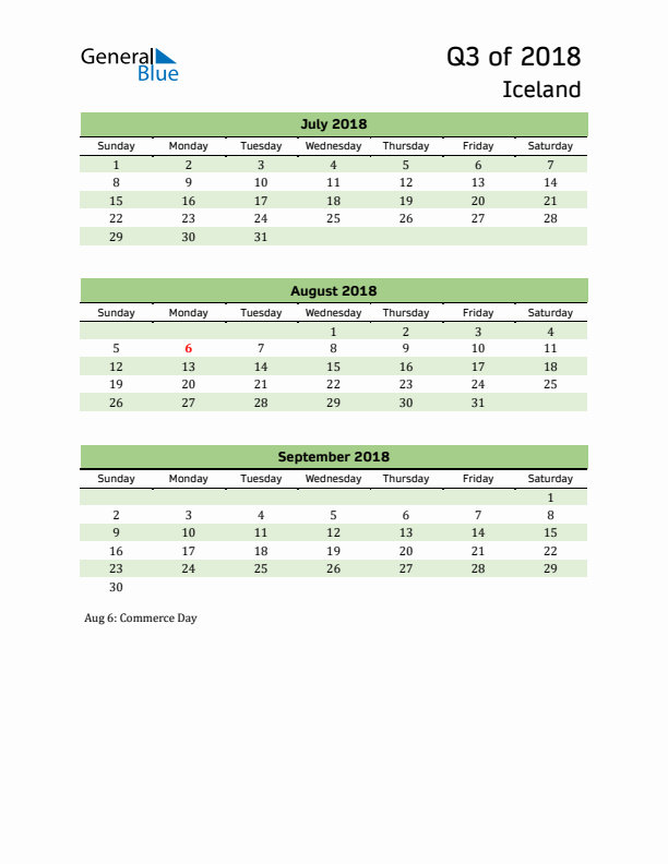 Quarterly Calendar 2018 with Iceland Holidays