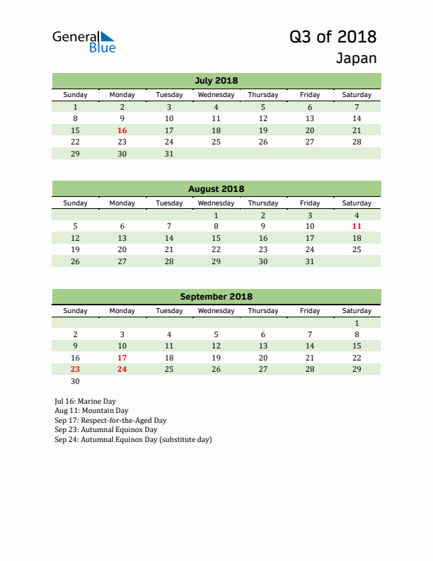 Quarterly Calendar 2018 with Japan Holidays