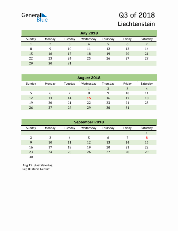 Quarterly Calendar 2018 with Liechtenstein Holidays