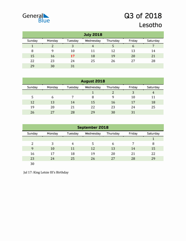 Quarterly Calendar 2018 with Lesotho Holidays