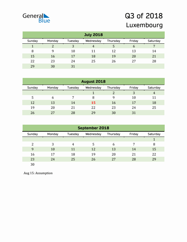 Quarterly Calendar 2018 with Luxembourg Holidays