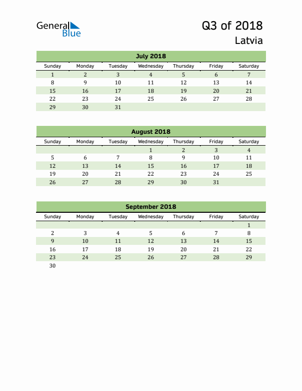 Quarterly Calendar 2018 with Latvia Holidays