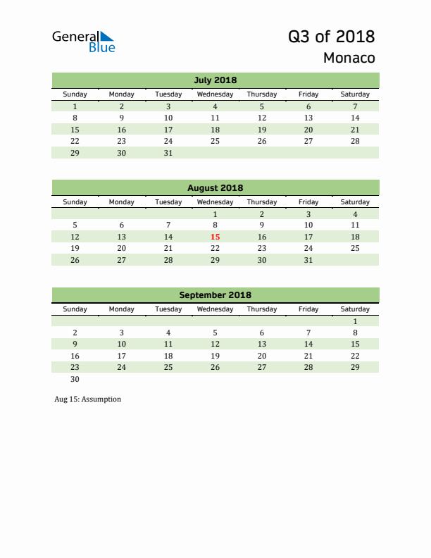 Quarterly Calendar 2018 with Monaco Holidays