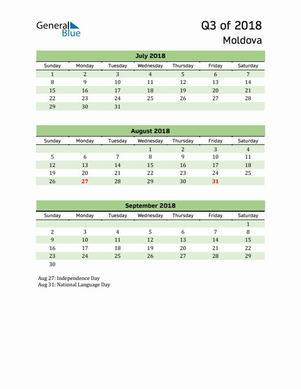 Quarterly Calendar 2018 with Moldova Holidays