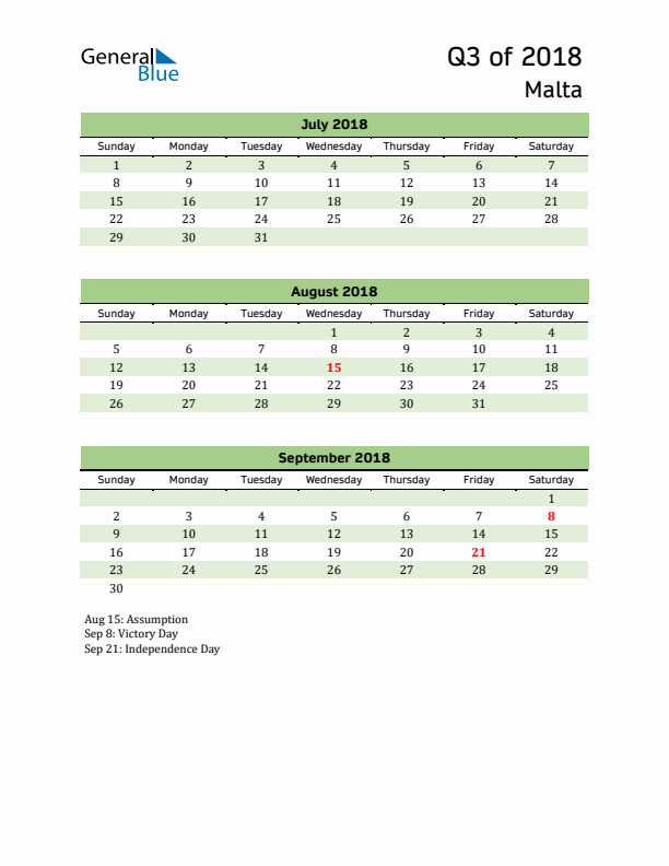 Quarterly Calendar 2018 with Malta Holidays