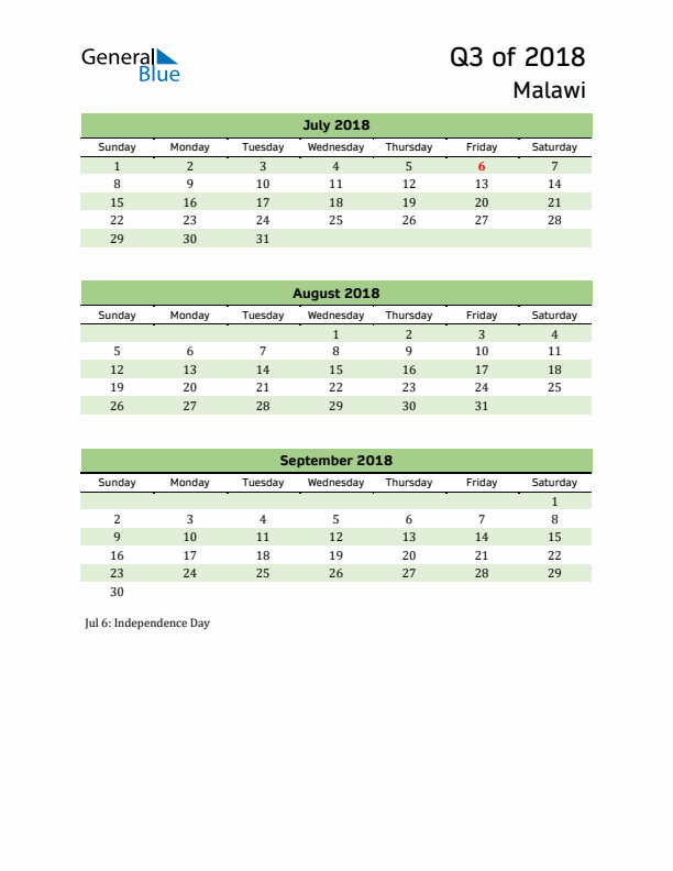 Quarterly Calendar 2018 with Malawi Holidays