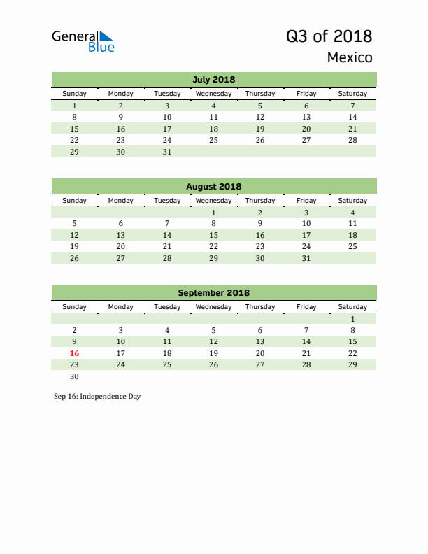 Quarterly Calendar 2018 with Mexico Holidays