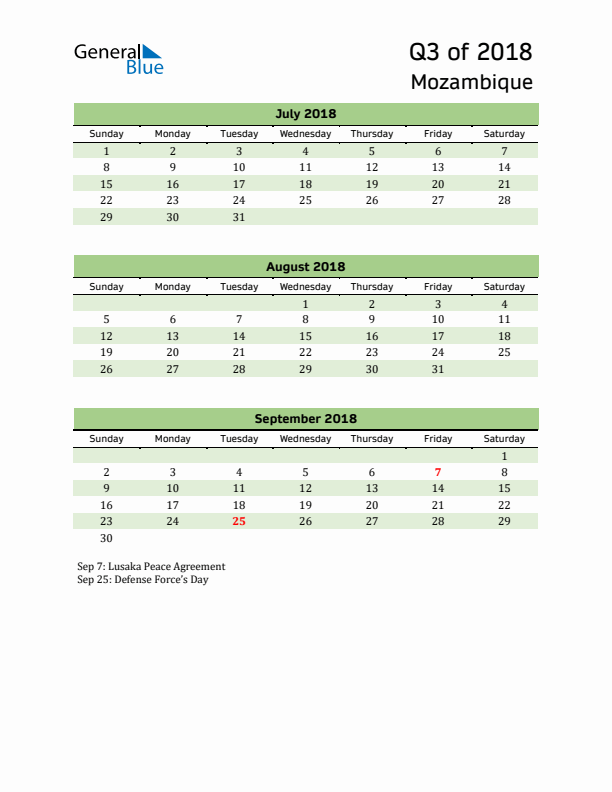 Quarterly Calendar 2018 with Mozambique Holidays