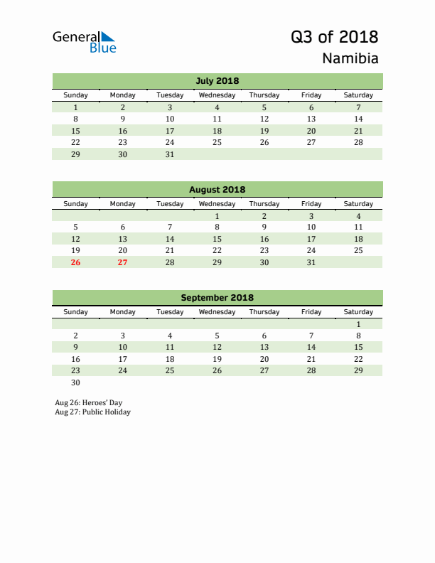 Quarterly Calendar 2018 with Namibia Holidays