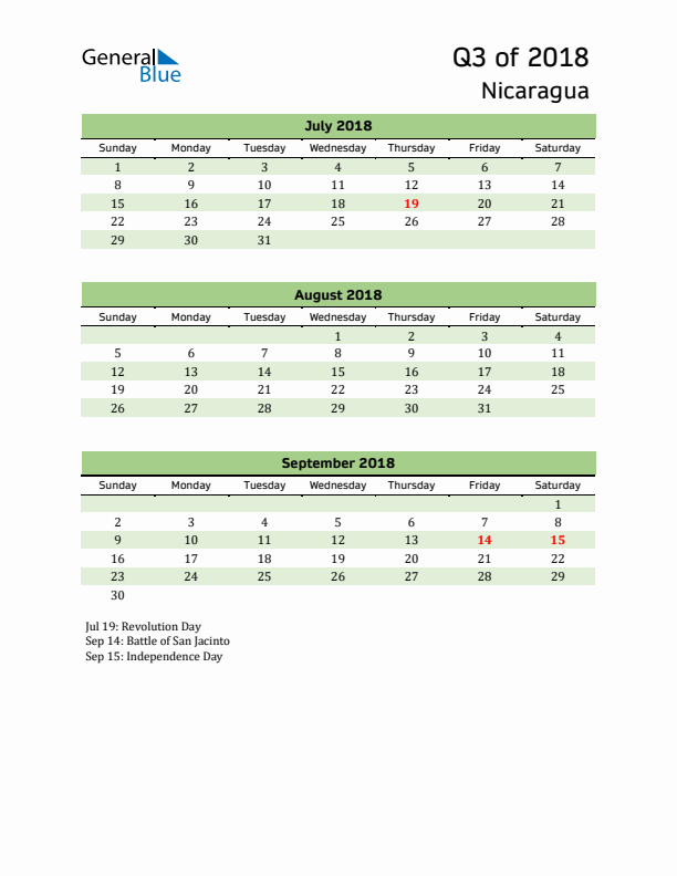 Quarterly Calendar 2018 with Nicaragua Holidays