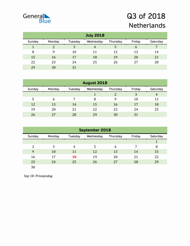 Quarterly Calendar 2018 with The Netherlands Holidays