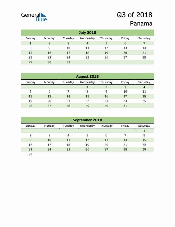 Quarterly Calendar 2018 with Panama Holidays