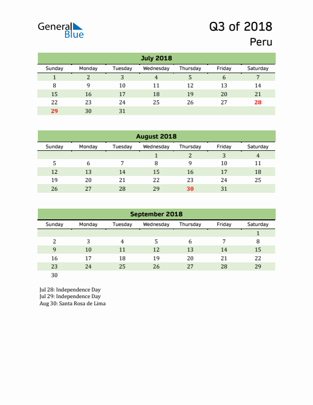 Quarterly Calendar 2018 with Peru Holidays