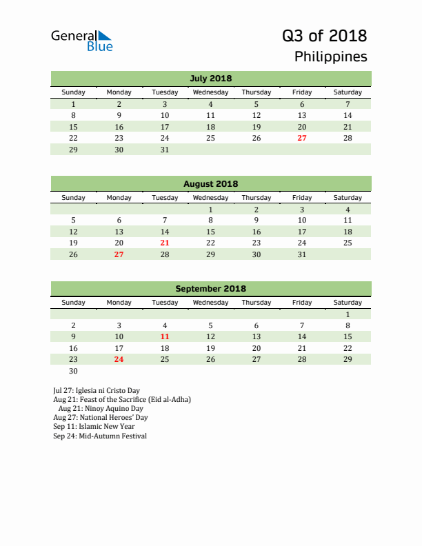 Quarterly Calendar 2018 with Philippines Holidays