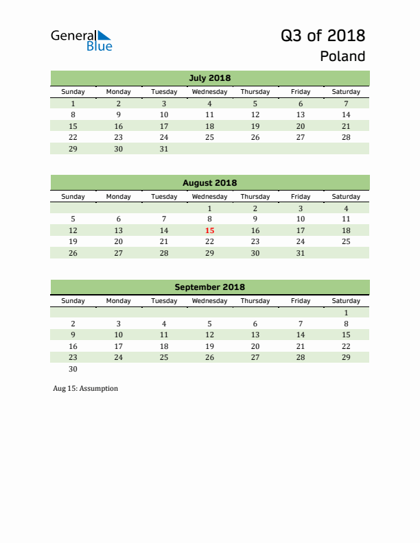 Quarterly Calendar 2018 with Poland Holidays