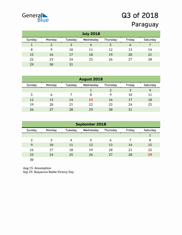 Quarterly Calendar 2018 with Paraguay Holidays