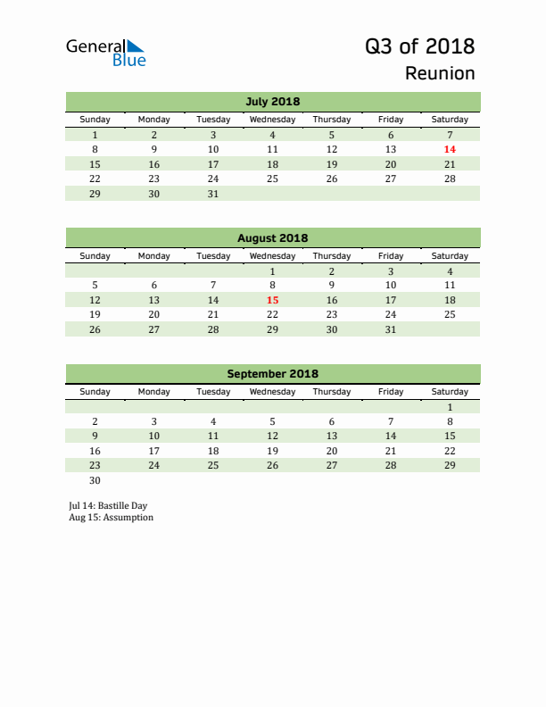 Quarterly Calendar 2018 with Reunion Holidays