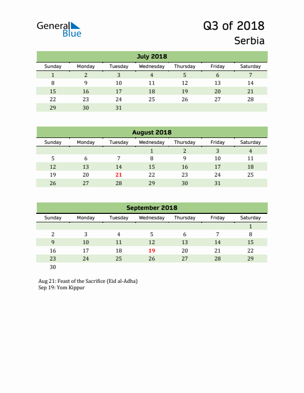 Quarterly Calendar 2018 with Serbia Holidays