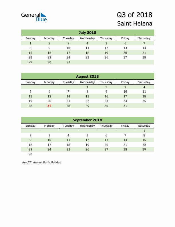 Quarterly Calendar 2018 with Saint Helena Holidays