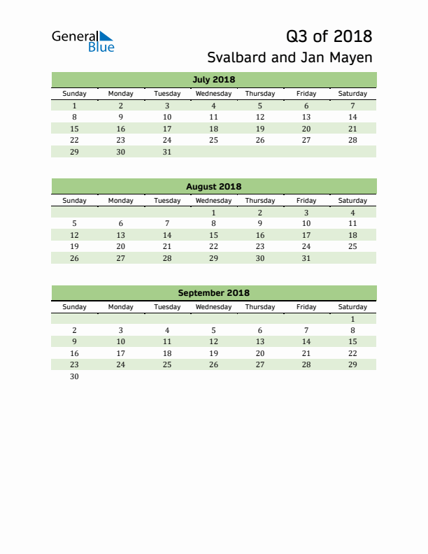 Quarterly Calendar 2018 with Svalbard and Jan Mayen Holidays