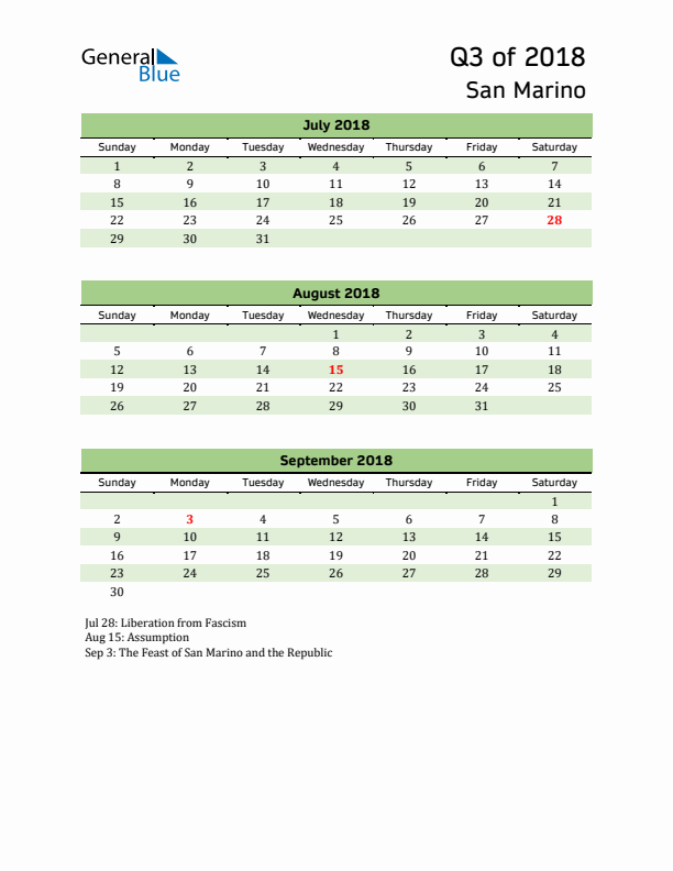 Quarterly Calendar 2018 with San Marino Holidays