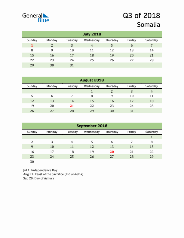 Quarterly Calendar 2018 with Somalia Holidays