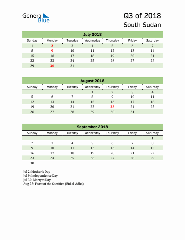 Quarterly Calendar 2018 with South Sudan Holidays