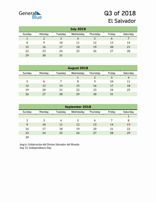 Quarterly Calendar 2018 with El Salvador Holidays