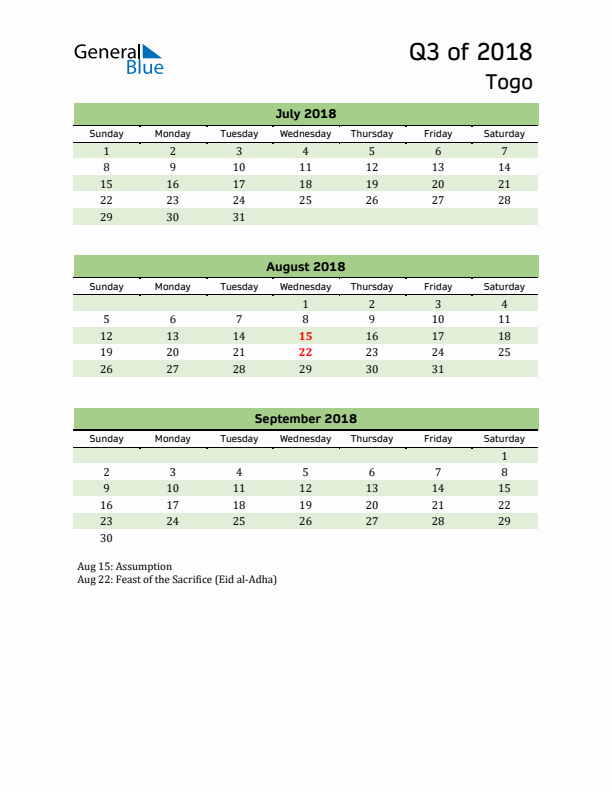 Quarterly Calendar 2018 with Togo Holidays